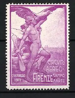 Reklamemarke Firenze, Circuito Aereo Campo di Marte 1911, nackter Mann mit Propeller und Adler