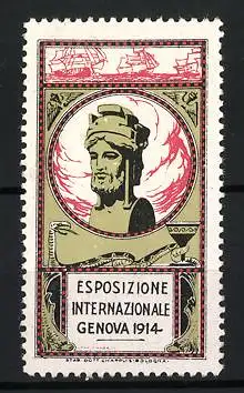 Reklamemarke Genova, Esposizione Internationale 1914, Schlange mit Kelch, Statue