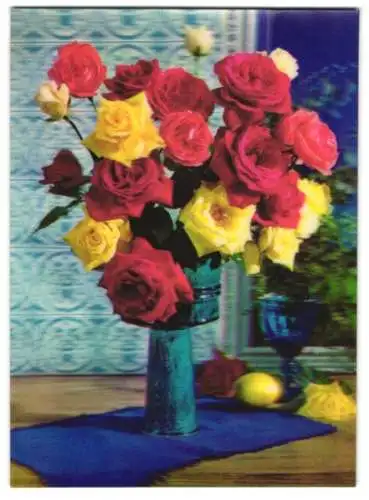 3D-AK Strauss Rosen in blauer Vase