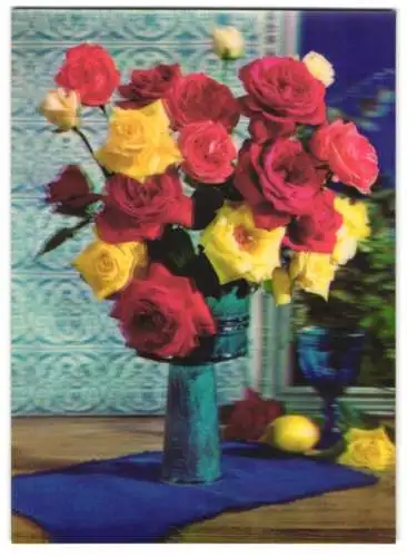 3D-AK Strauss Rosen in blauer Vase