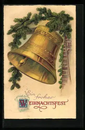 AK Weihnachtsgruss, Goldene Glocke mit Tannenzweigen