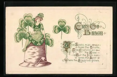 AK St. Patrick`s Day, Kleeblätter und Frau im Klee-Kleid