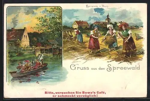 Lithographie Burg / Spreewald, Forsthaus Kannomühle, Kornernte