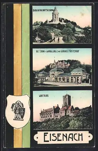 AK Eisenach, Burschenschaftsdenkmal, Trink- und Wandelhalle mit Kurhaus Fürstenhof, Wartburg