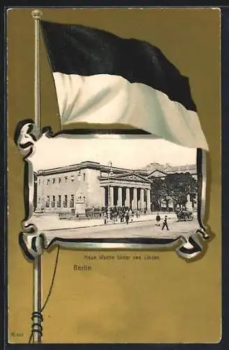 Lithographie Berlin, Neue Wache unter den Linden, Passepartout mit Flagge