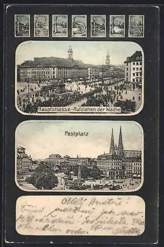 AK Dresden, Hauptstrasse mit Aufzug der Wache, Postplatz