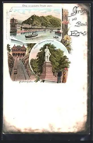 Lithographie Bad Ems, Kaiser Wilhelm I. Denkmal, Malbergbahn, Ortsansicht v. d. verdeckten Brücke aus