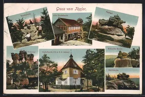 AK Töpfer, Gasthaus Töpferbaude, Felsformationen Papagei, Brütende Henne und Schildkröte