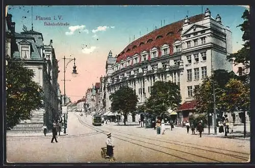 AK Plauen i. V., Bahnhofstrasse, Strassenbahn