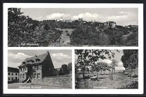 AK Bell / Hunsrück, Gasthaus Karbach, Liegewiese, Ortsansicht