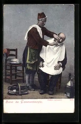 AK Constantinople, Barbeir ambulant, Türke beim Friseur