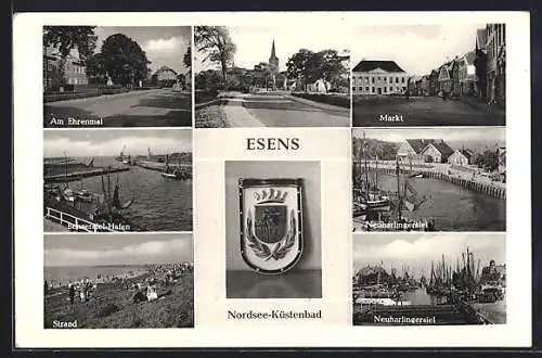 AK Esens / Nordsee, Markt, Ehrenmal, Bensersiel-Hafen & Neuharlingersiel