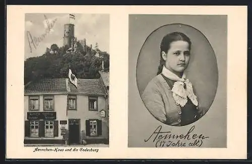 AK Godesberg, Gasthof Godesberg / Aennchen-Haus mit Godesburg, Portrait Aennchen mit 17