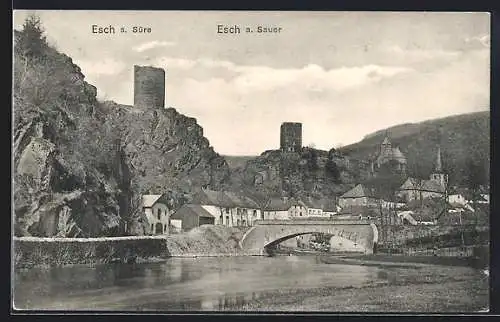 AK Esch a. Sauer, Panorama mit Brücke und Türmen