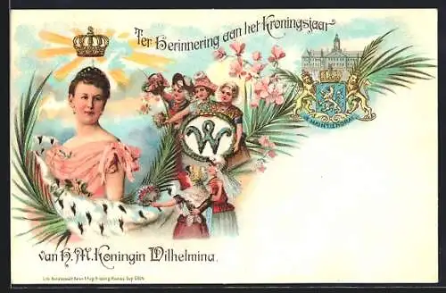 Lithographie Niederlande, H.M. Koningin Wilhelmina, Wappen, Krone der Herrscherin