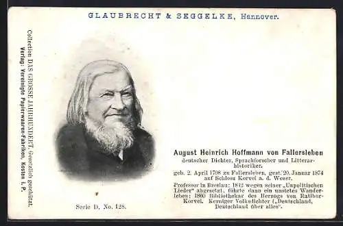 AK Deutscher Dichter August Heinrich Hoffmann von Fallersleben im Portrait