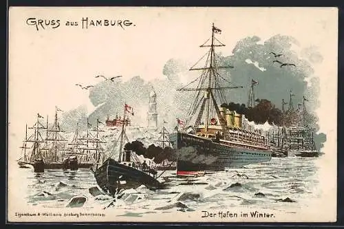 Winter-Lithographie Hamburg, Der Hafen mit Dampfer Normannia