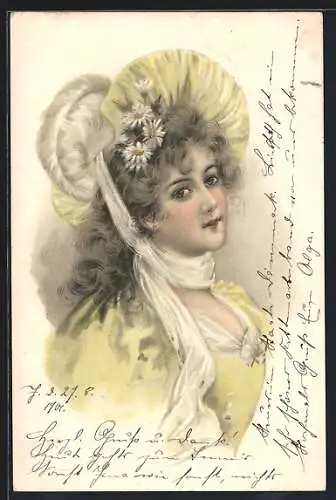 Lithographie Frauenportrait mit Federhut und Gänseblümchen, Jugendstil