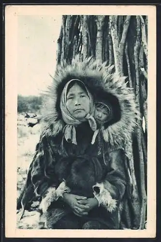 AK Alaska, Capuchon pour deux, Mutter mit Baby, Eskimos