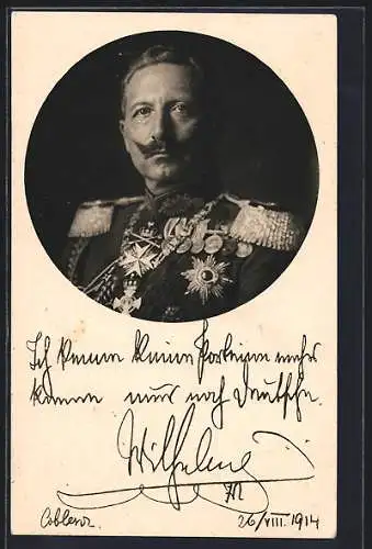 AK Portrait von Kaiser Wilhelm II. in ordenbehangener Uniform