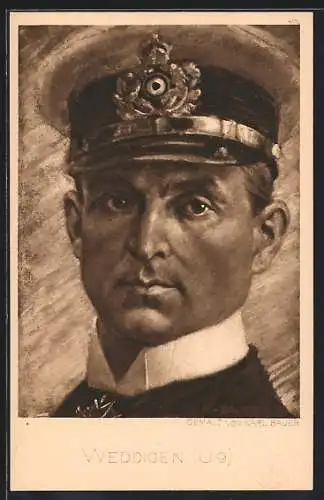 AK Kapitänleutnant Otto Weddigen, Portrait in Uniform mit Orden und Schirmmütze