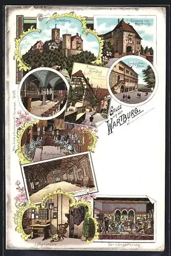 Lithographie Eisenach, Wartburg, Eingang, Landgrafenhaus, Burghof, Kapelle, Rüstkammer, Banketsaal, Sängerkrieg