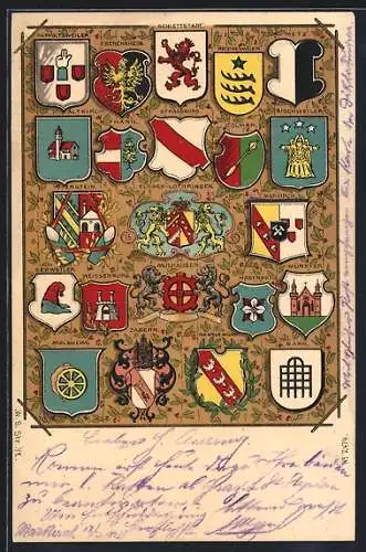 Künstler-AK Elsass-Lothringen, Wappen der Städte der Region