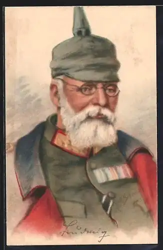 Künstler-AK König Ludwig III. in Uniform und Pickelhaube mit Tarnbezug