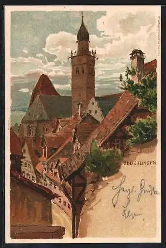 Lithographie Überlingen / Bodensee, Ortsansicht aus der Vogelschau