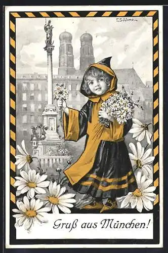 Künstler-AK F.Schlemo: München, Margeritentag, 10. Mai 1911, Münchener Kindl mit Blumen