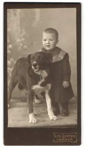 Fotografie Alfr. Schreiber, Jarmen, Baby stützt sich am entspannten Hund ab, Treuer Familienhund, Mischlingshund