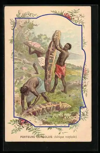 Lithographie Afrique tropicale, Porteurs Congolais, Träger aus dem Kongo