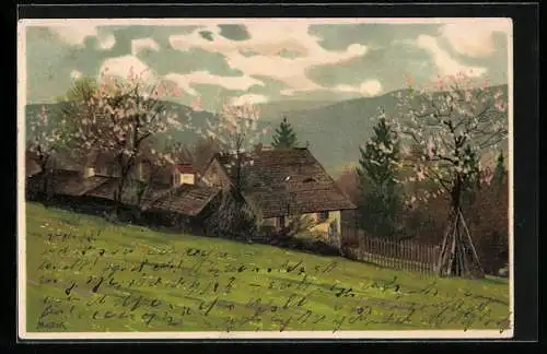 Künstler-AK Alfred Mailick: Pfingstgruss, Bäume in Blüten, Blick zum Bauernhaus