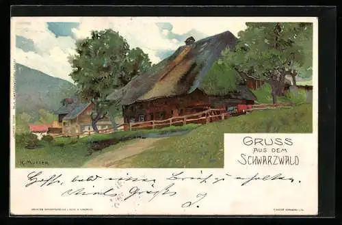 Künstler-AK K. Mutter: Gruss aus dem Schwarzwald, Gasthaus in ländlicher Idylle