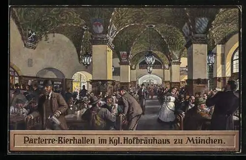 Künstler-AK Quidenus: Münchner Hofbräuhaus, Parterre-Bierhallen im Königlichen Hofbräuhaus