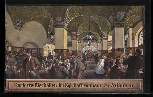 Künstler-AK Quidenus: Münchner Hofbräuhaus, Parterre-Bierhallen im Königlichen Hofbräuhaus