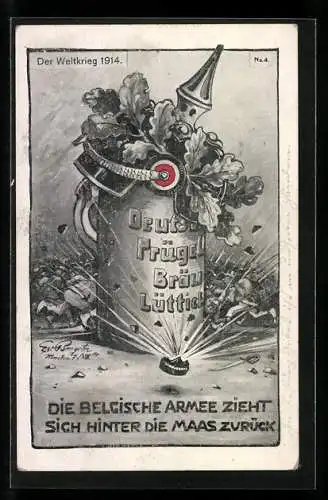 AK Die Belgische Armee zeiht sich hinter die Maas zurück, Propaganda 1. Weltkrieg