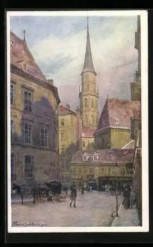 Künstler-AK Hans Götzinger: Wien, Strassenleben mit Michaelerkirche