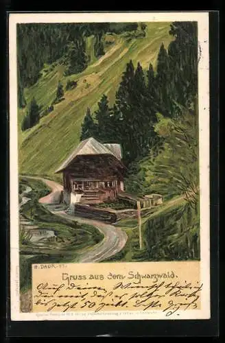 Künstler-AK sign. H. Daur: Blick auf ein Schwarzwälder Haus am Berghang