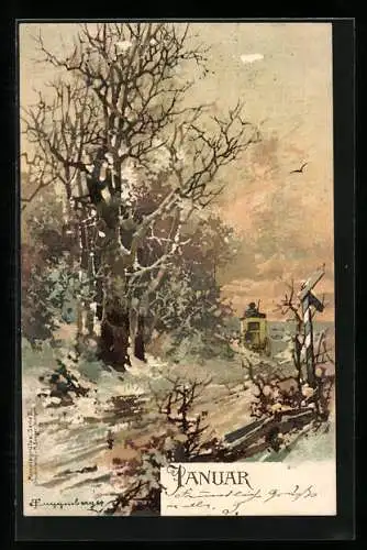 Künstler-AK T.Guggenberger: Allegorie, Winterlandschaft im Januar