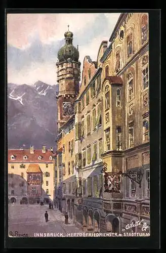 Künstler-AK Rudolf Preuss: Innsbruck, Herzog Friedrichstrasse mit Stadtturm