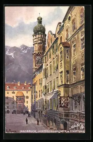 Künstler-AK Rudolf Preuss: Innsbruck, Herzog Friedrichstrasse mit Stadtturm