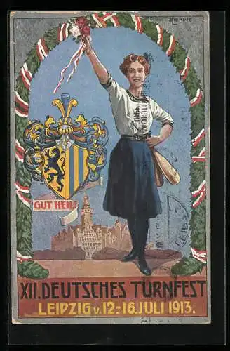 AK Leipzig, 12. Deutsches Turnfest 1913, Karte Nr. 6, Turnerin mit Kegeln, Wappen, Blumen