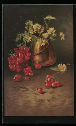 Künstler-AK Clara von Sivers: Rote Johannisbeeren, Blumen in der Vase