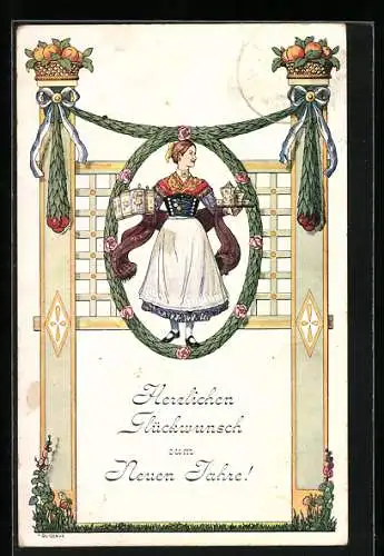 Künstler-AK Fritz Quidenus: Dame in Tracht serviert Getränke