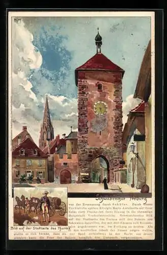 Künstler-Lithographie Heinrich Kley: Freiburg, Schwabentor, Bild auf der Stadtseite des Turm