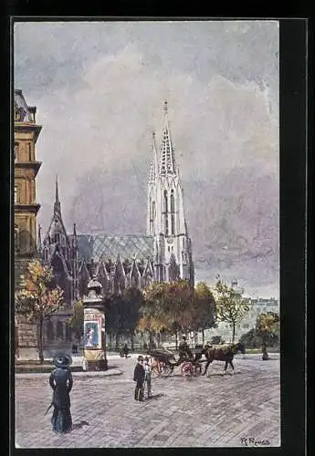 Künstler-AK R. Preuss: Votivkirche und Litfasssäule