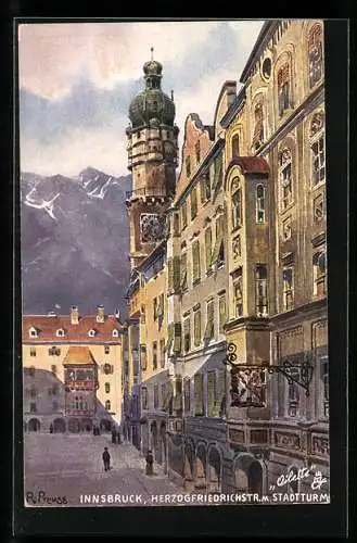 Künstler-AK Rudolf Preuss: Innsbruck, Herzog Friedrichstrasse mit Stadtturm