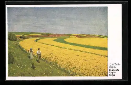 Künstler-AK Hans von Volkmann: Blühende Rapsfelder, Landschaft mit Bauern