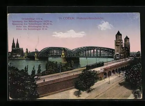 AK Köln, Hohenzollernbrücke und Eisenbahn, Im Hintergrund Dom